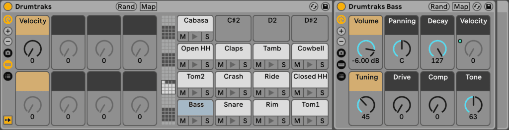 Drumtraks kit in Ableton Live's Drum Rack.