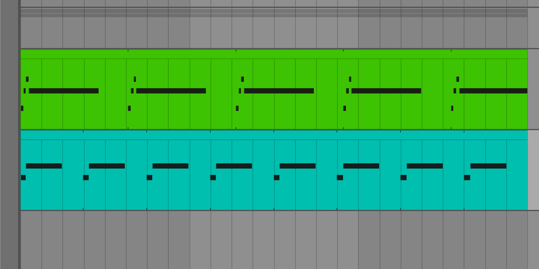 Ableton Live arrangement view showing two looping MIDI sequences of different lengths, demonstrating how independently repeating patterns gradually shift out of sync over time.