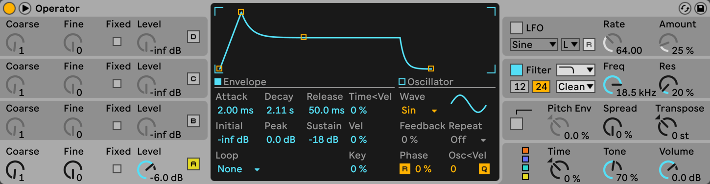 Ableton Live Operator device showing a simple sine wave patch.