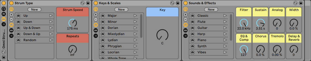 Omni strum, scale and sound racks in Ableton Live.