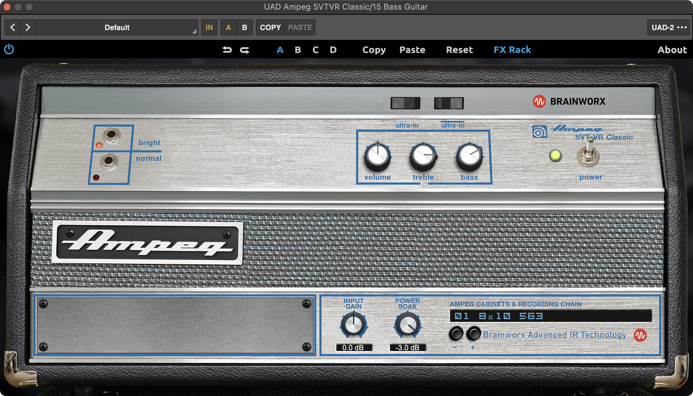 Screenshot of the UAD Amped plugin, which shows a virtual recreation of a bass guitar amp with the Ampeg logo and three knobs to adjust the tone.