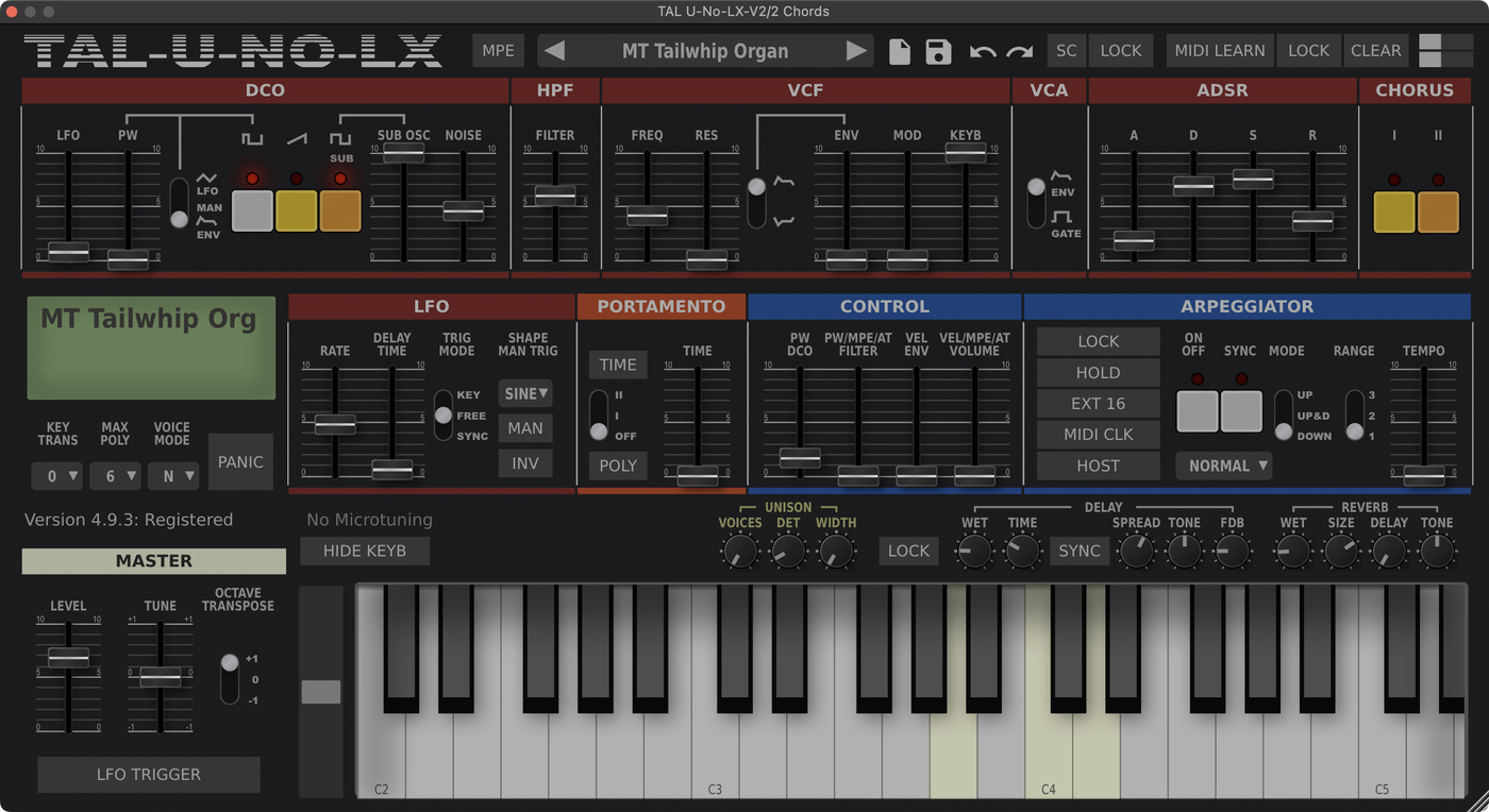 Screenshot of the TAL U-NO-LX plugin, which is a colourful retro-style keyboard with fader controls and colourful buttons. It is showing the "Tailwhip Organ" preset.