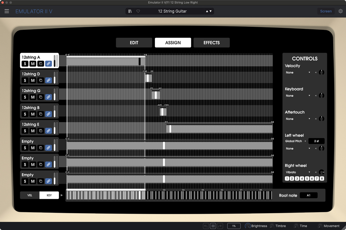 Screenshot of the Arturia Emulator II V plugin showing the sample mapping view, with samples assigned across multiple keyboard layers.