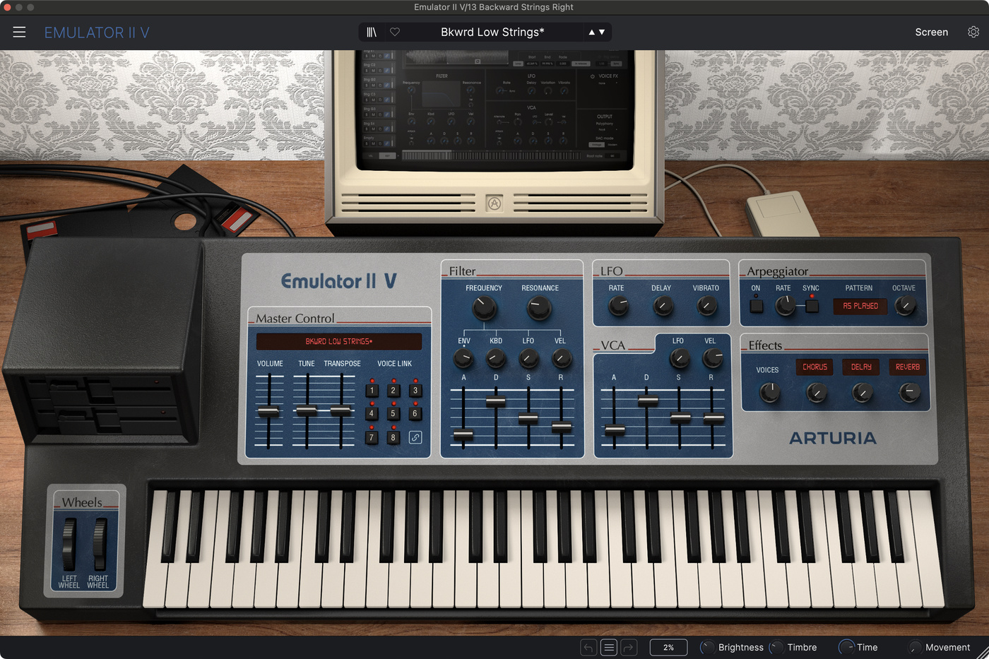 Screenshot of the Arturia Emulator II V plugin displaying the preset “Backward Low Strings”.