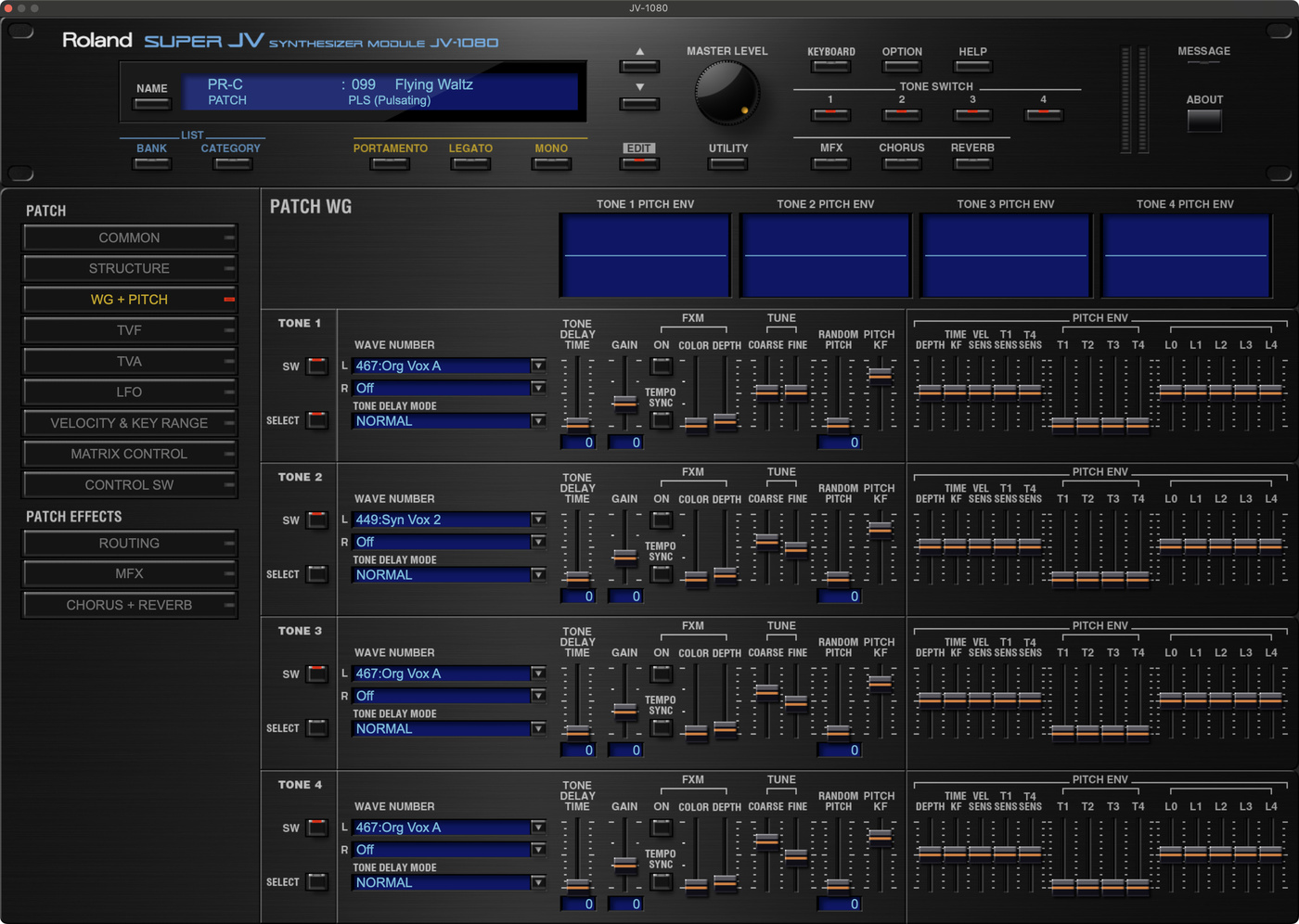 Roland Cloud JV-1080 settings for the "Flying Waltz" factory preset.