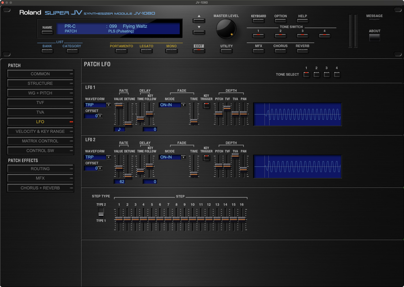 Roland Cloud JV-1080 LFO settings for the "Flying Waltz" factory preset.