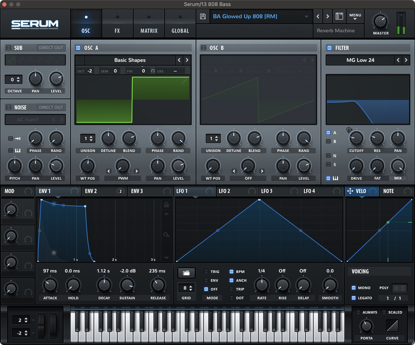 Xfer Serum plugin settings for the 808 bass sound in "Glowed Up" by Kaytranada.