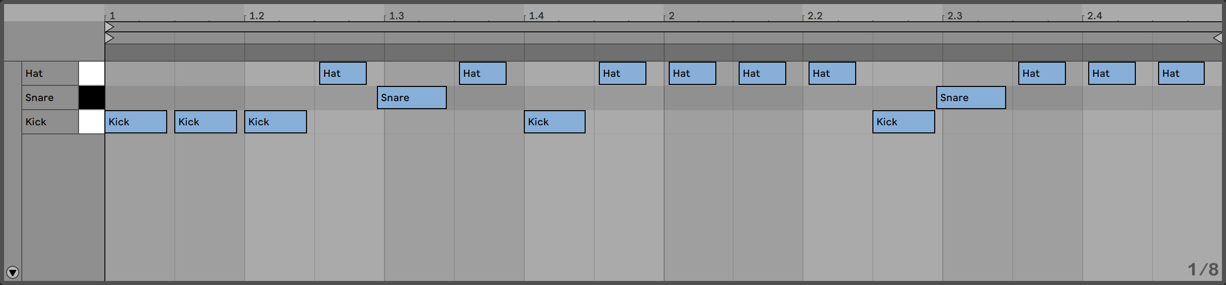 Ableton Live MIDI piano roll view, showing notes added to create a drum beat.