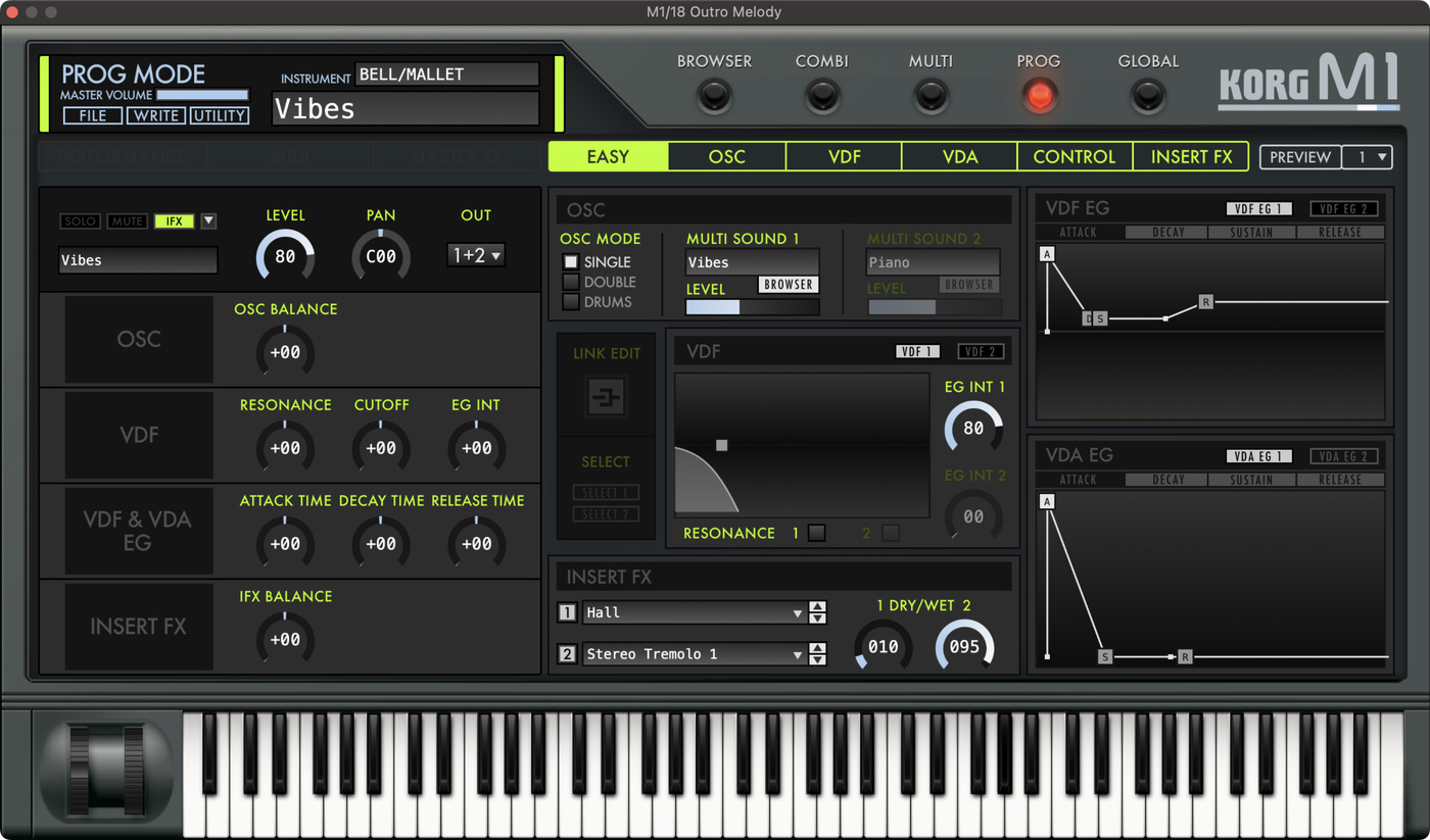 Korg M1 plugin window showing the "Vibes" preset.