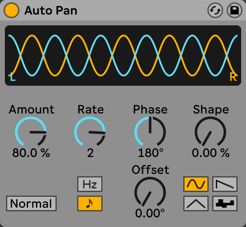 Ableton Live Autopan device, showing amount set to 80% and rate set to 2.
