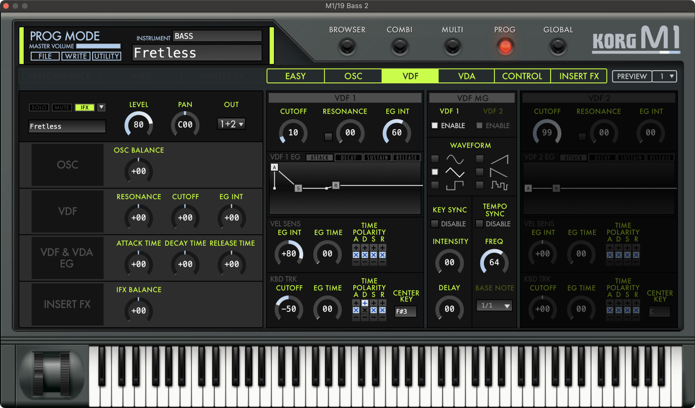 Korg M1 plugin window showing the "Fretless" preset.