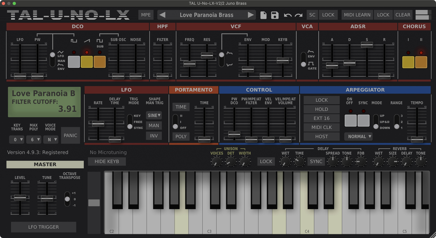 TAL U-NO-LX settings for the intro brass synth sound in "Love/Paranoia" by Tame Impala.