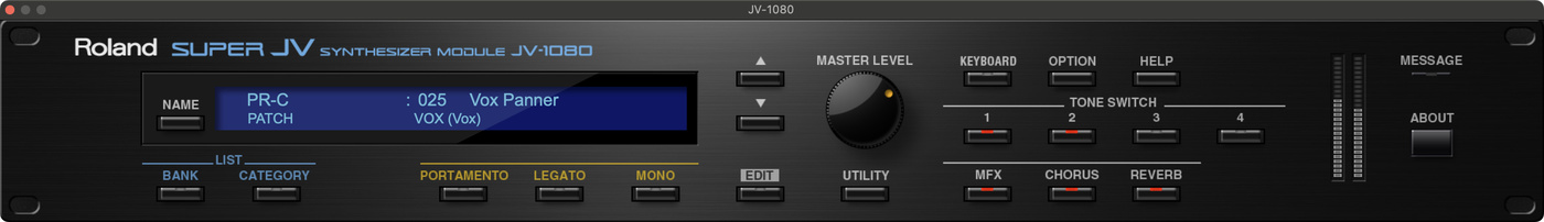 Roland Cloud JV-1080 plugin, displaying the "Vox Panner" preset.