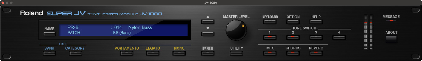 Roland Cloud JV-1080 plugin, displaying the "Nylon Bass" preset.