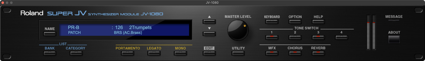 Roland Cloud JV-1080 plugin, displaying the "2Trumpets" preset.