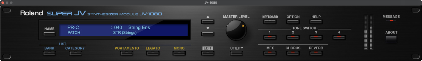 Roland Cloud JV-1080 plugin, displaying the "String Ens" preset.