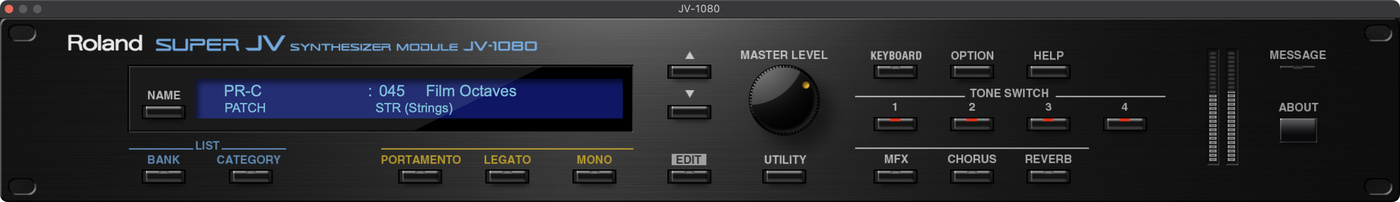 Roland Cloud JV-1080 plugin, displaying the "Film Octaves" preset.