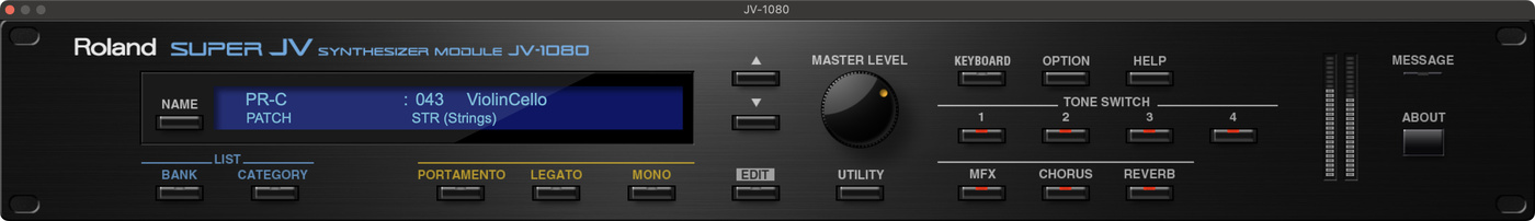 Roland Cloud JV-1080 plugin, displaying the "ViolinCello" preset.
