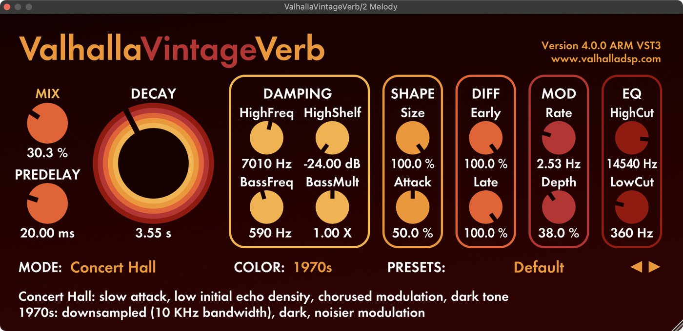 Valhalla VintageVerb settings for the reverb in Ageispolis by Aphex Twin.