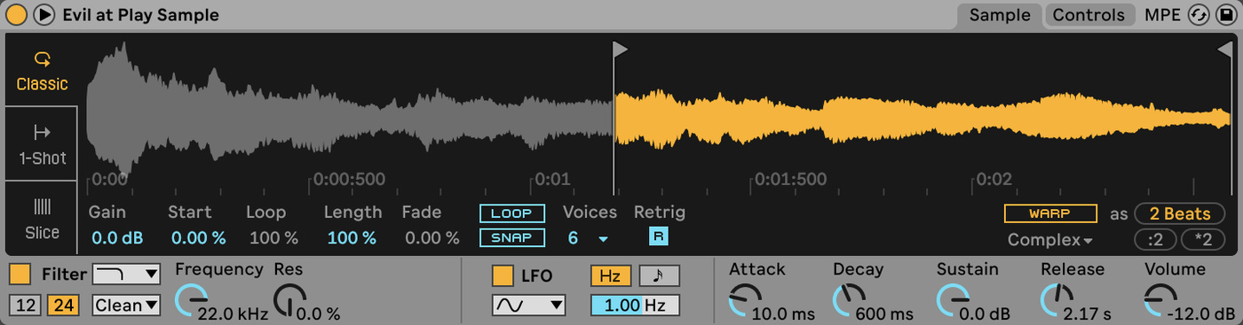 Ableton Simpler settings for the looped Evil at Play sample in Xtal by Aphex Twin.