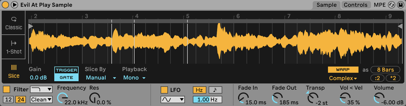 Ableton Simpler slice settings for the Evil at Play sample in Xtal by Aphex Twin.