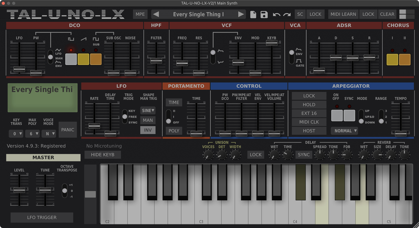 TAL U-NO-LX settings for the chord synth sound in "Every Single Thing" by Homeshake.