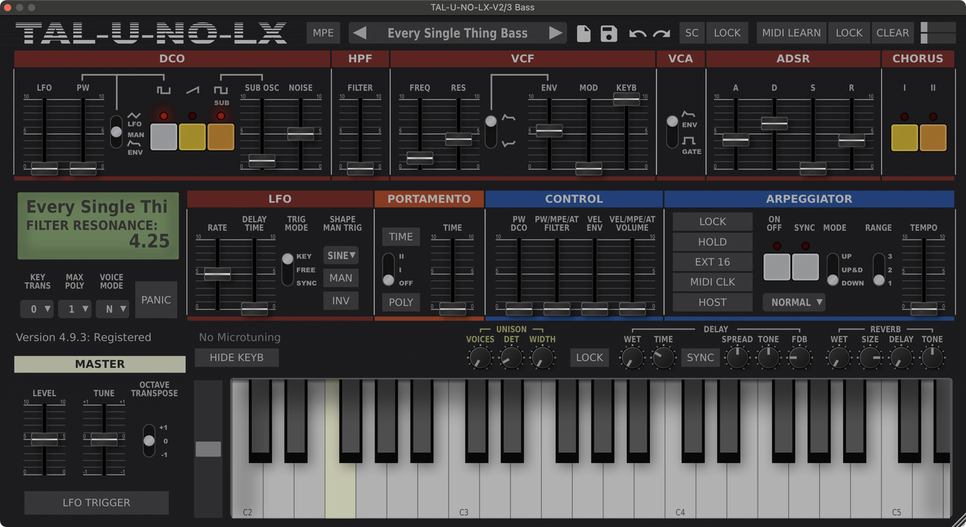 TAL U-NO-LX settings for the bass synth sound in "Every Single Thing" by Homeshake.
