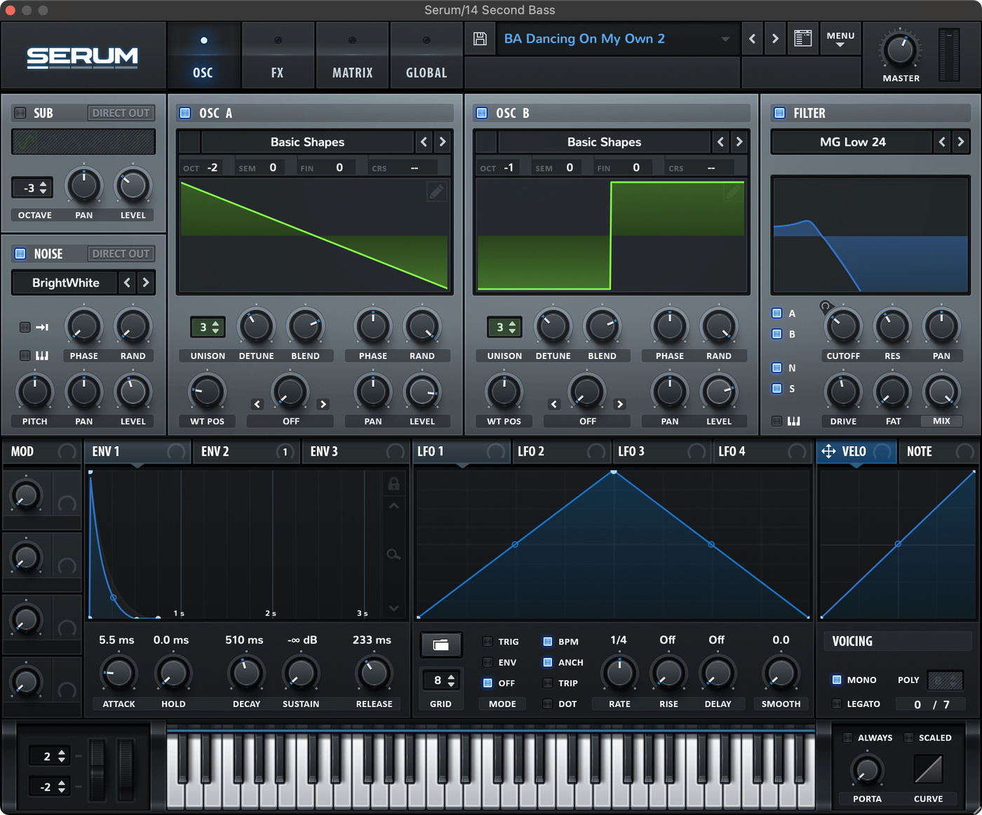 Xfer Serum settings for the second bass in Dancing On My Own by Robyn.