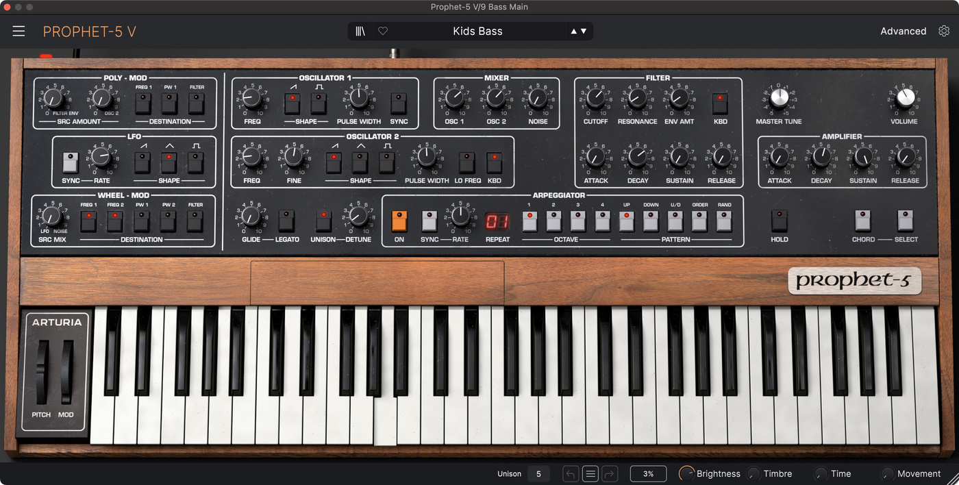 Arturia Prophet-5 V settings for the bass synth sound in "Kids" by MGMT.