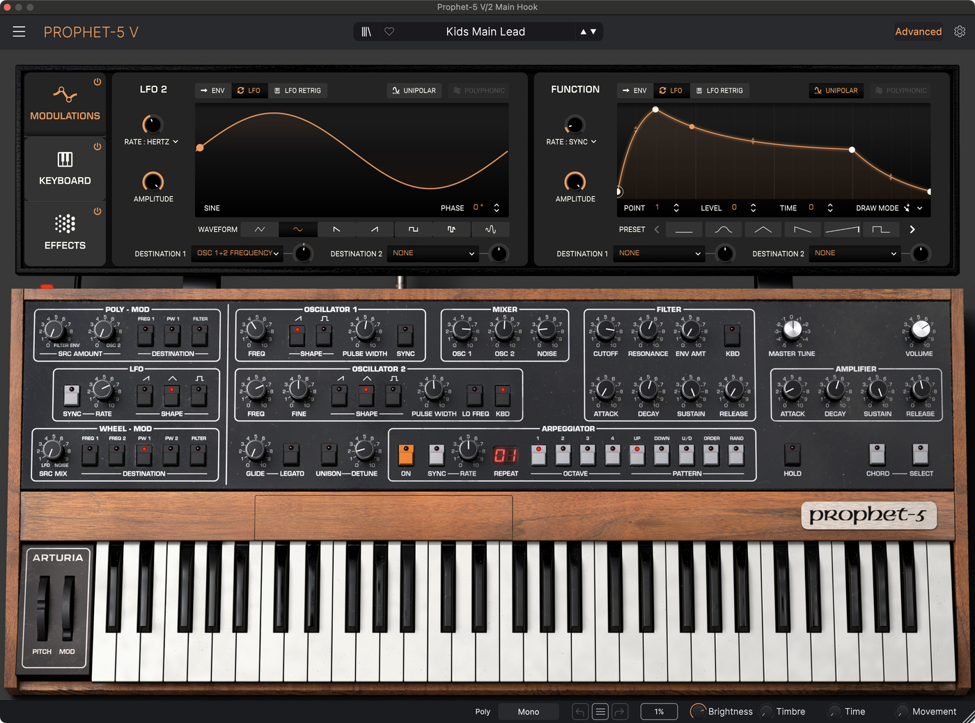Arturia Prophet-5 V settings for the lead synth sound in "Kids" by MGMT.