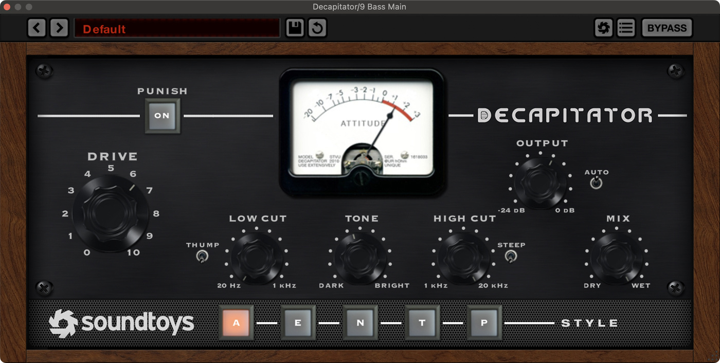 Soundtoys Decapitator settings used on the bass track in the MGMT "Kids" remake. Drive is turned up to 6.