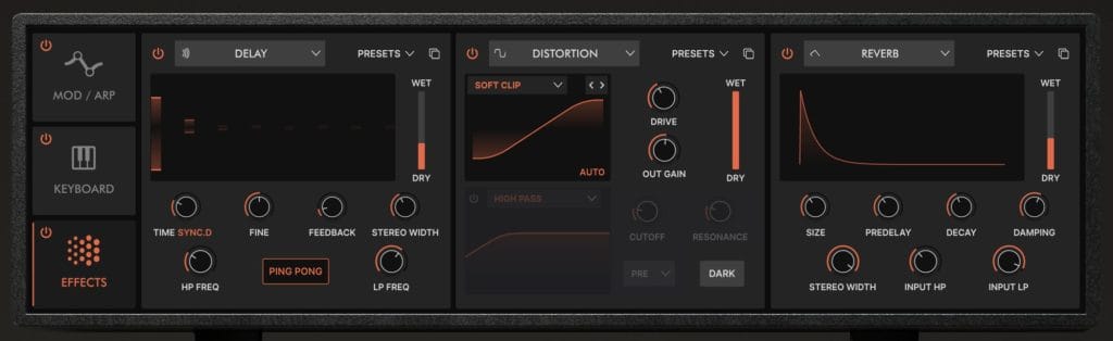 Arturia Mini V effects section with delay, distortion and reverb, used in Minotaur presets.