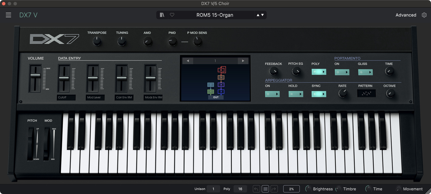 A screenshot of the Arturia DX7 V plugin showing the Organ preset.