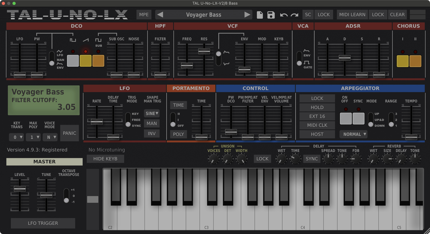 TAL U-NO-LX settings for the bass synth sound in "Voyager" by Daft Punk.