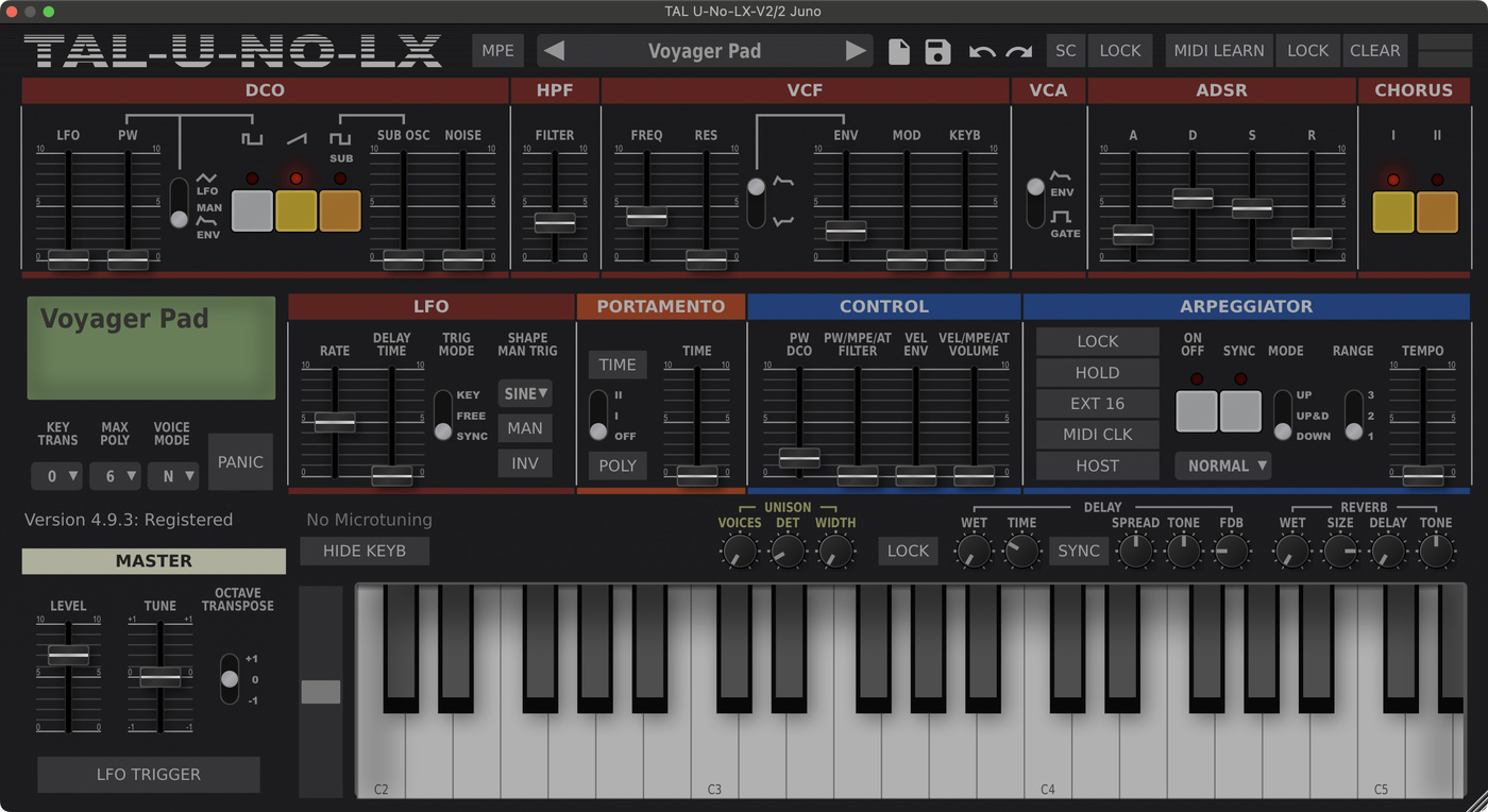 TAL U-NO-LX settings for the Roland Juno pad synth sound in "Voyager" by Daft Punk.