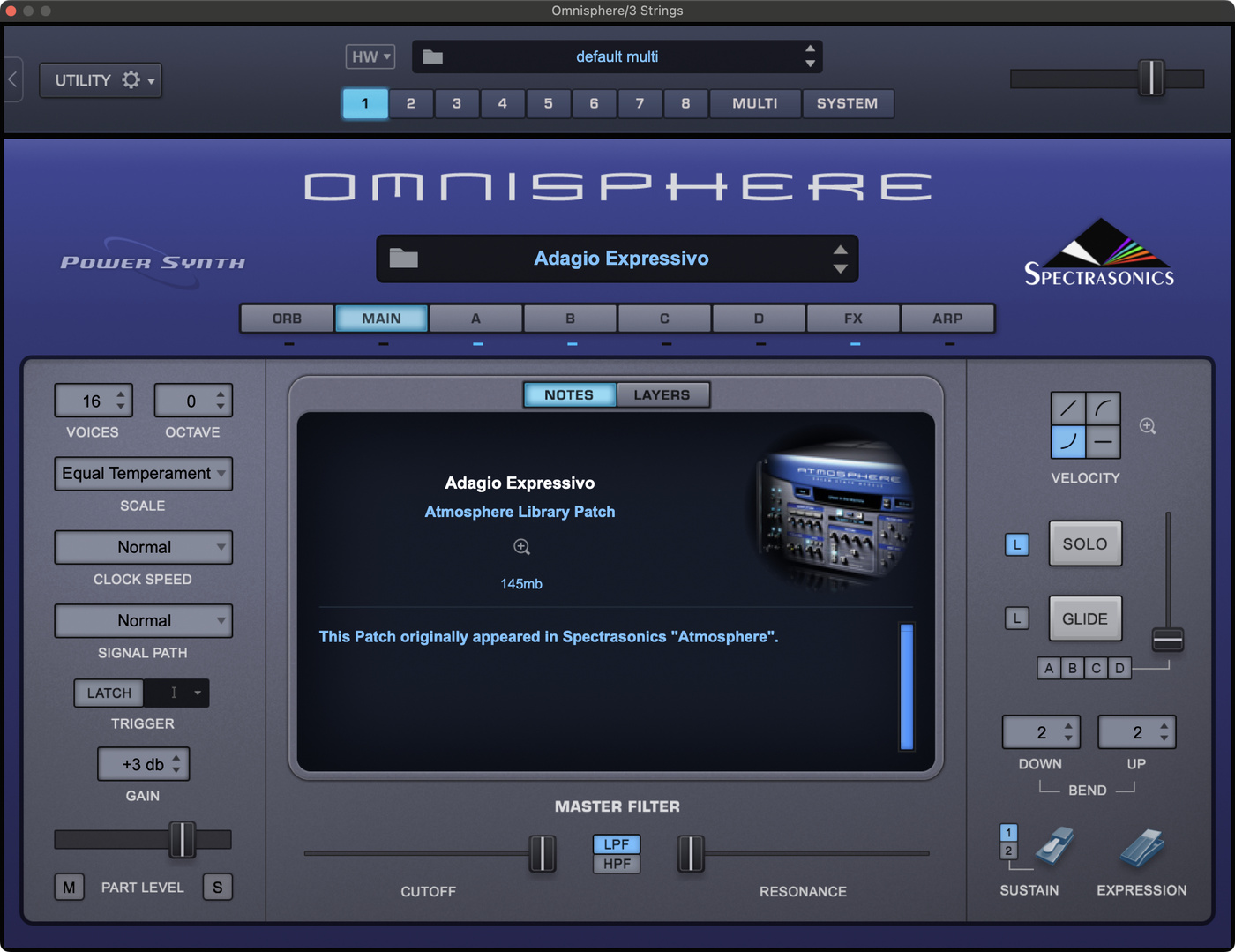 Omnisphere 2 settings for the string synth sound in "Voyager" by Daft Punk.