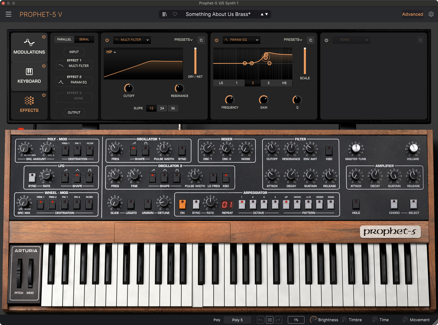 Arturia Prophet-5 V settings for the brass synth sound in "Something About Us" by Daft Punk.