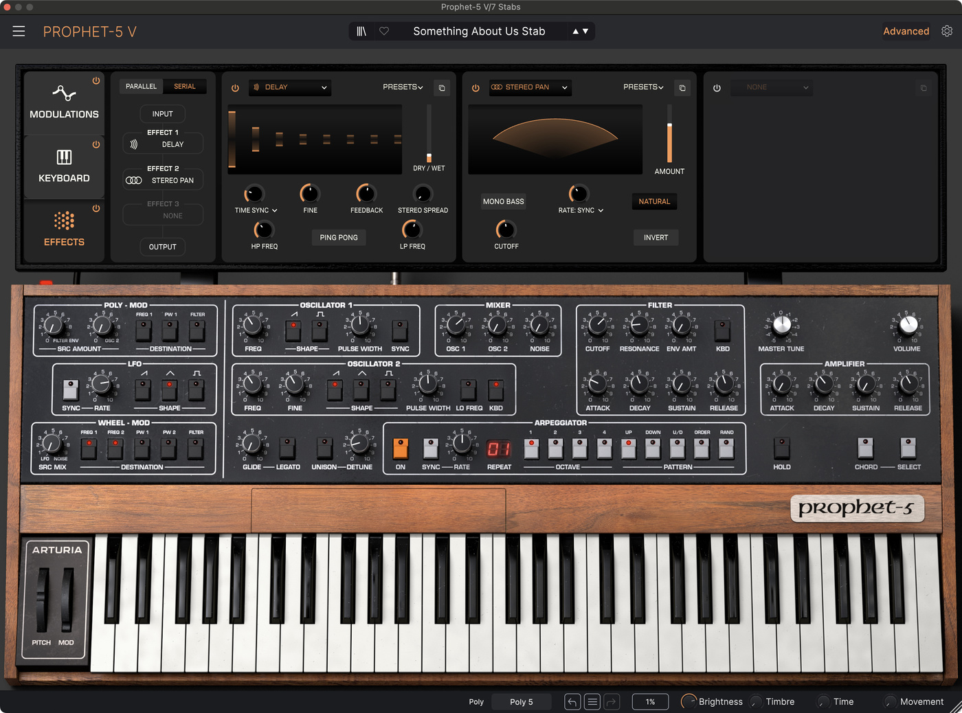 Arturia Prophet-5 V settings for the stab effect synth sound in "Something About Us" by Daft Punk.