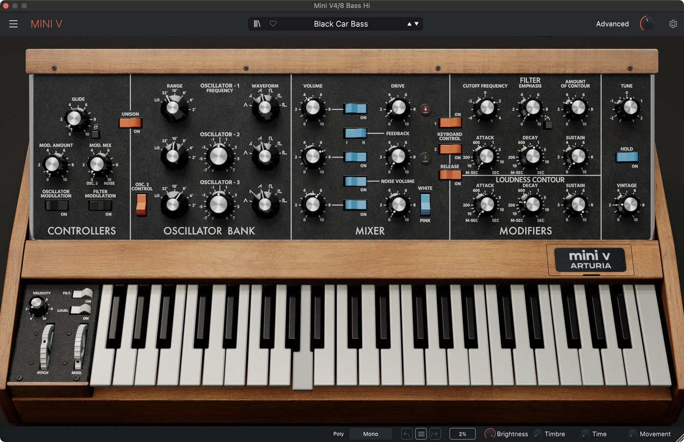 Arturia Mini V4 settings for the bass synth sound in "Black Car" by Beach House.